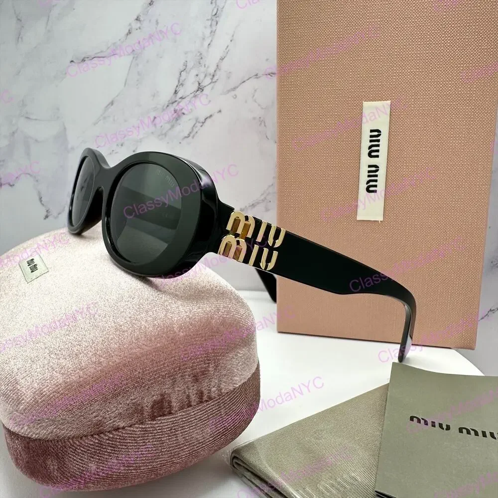 New MIU MIU Sunglasses Black Acetate Oval Gold Metal Logo Authentic Italy